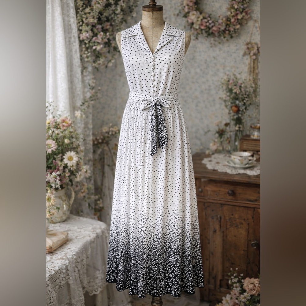 Vintage 1970s Missy House Of Canada Black & White Polka Dot, Pleated Maxi Dress